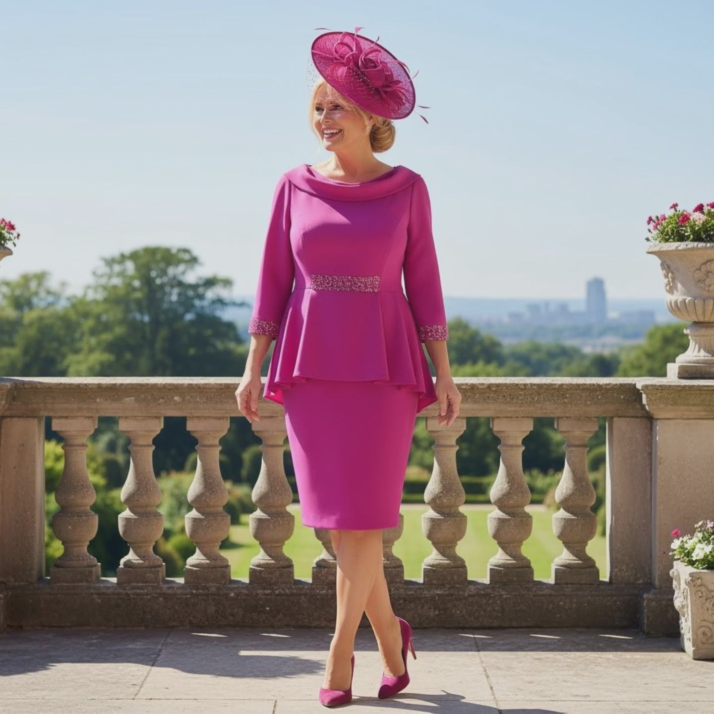 Woman in a plus size Veromia pink mother of the bride dress and matching pink fascinator hat standing on a balcony with a scenic background. Signature Dress.
