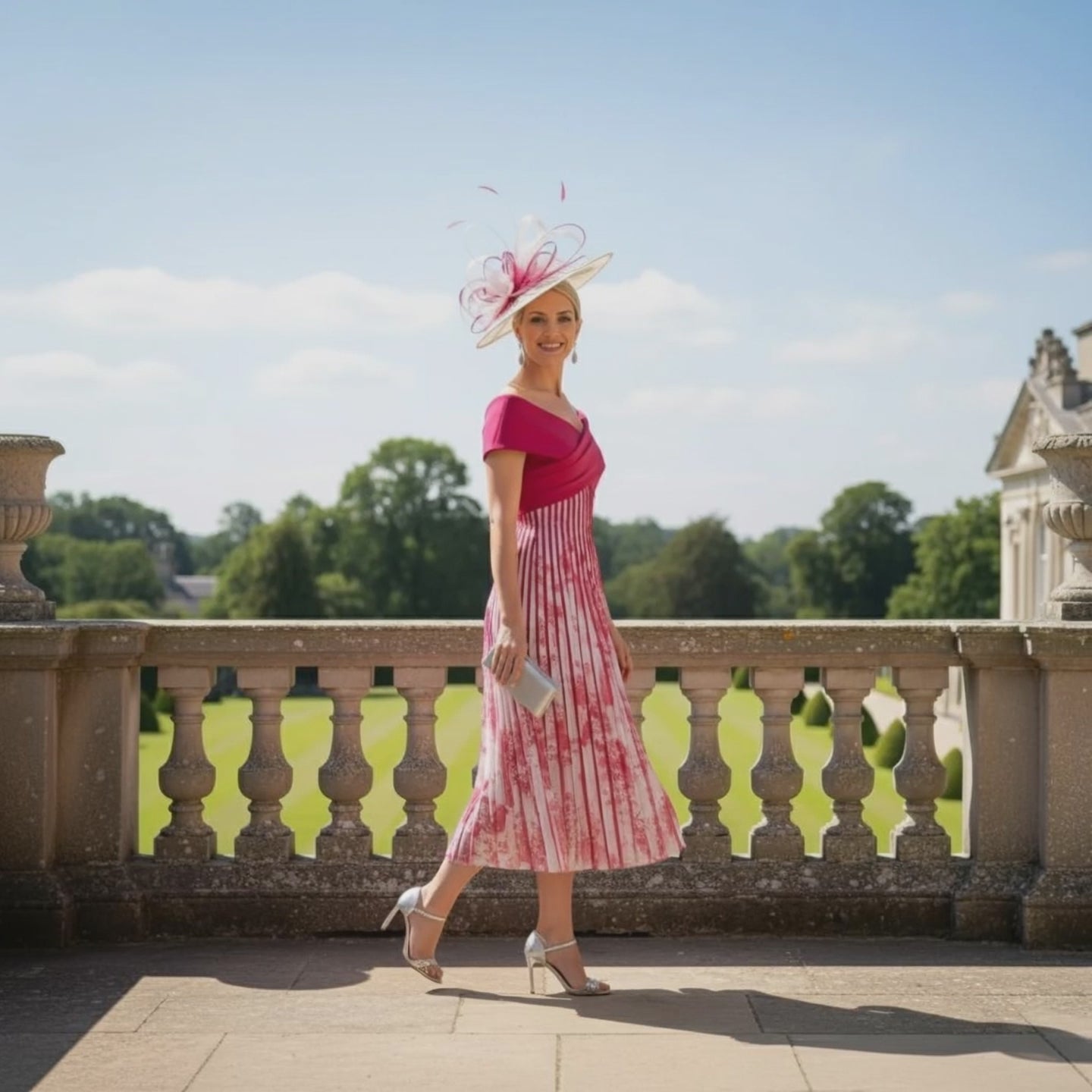 Woman in a pink and white john charles dress with a matching hat standing on a balcony with greenery in the background