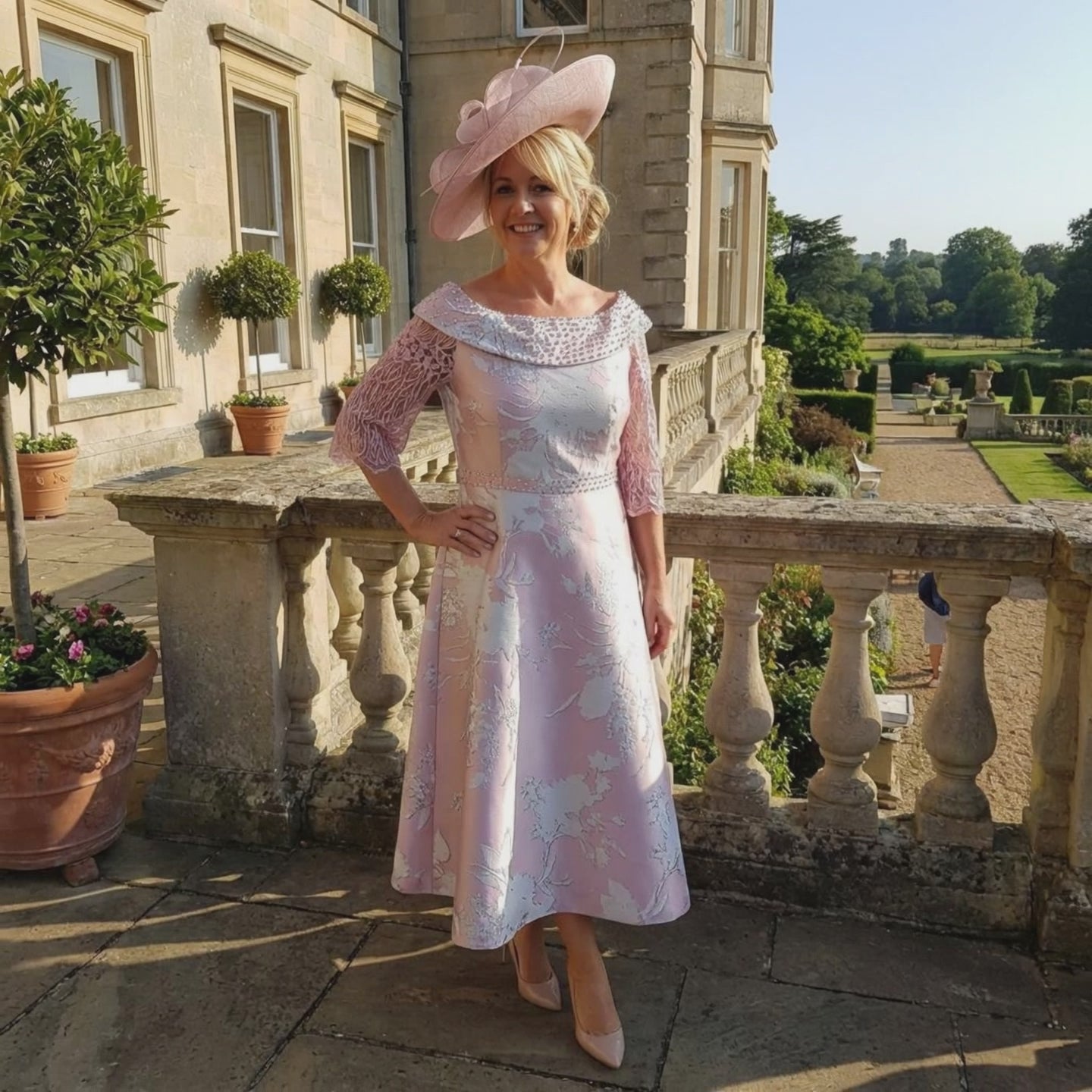 Blush pink Lizabella 2998 dress with pearl lace sleeves