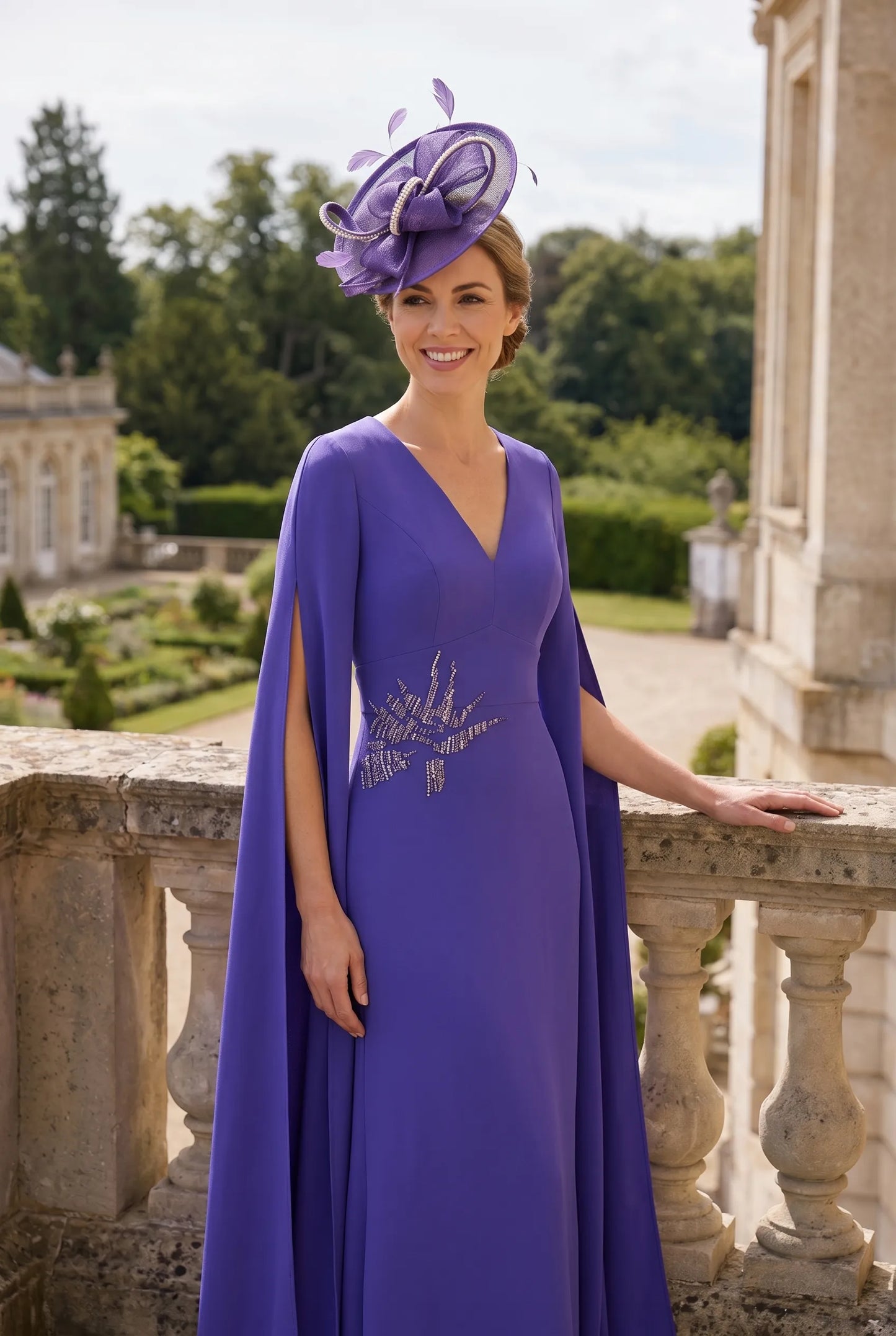 Woman in a purple mother of the bride gown with a matching purple fascinator hat standing on a balcony with a garden view.
