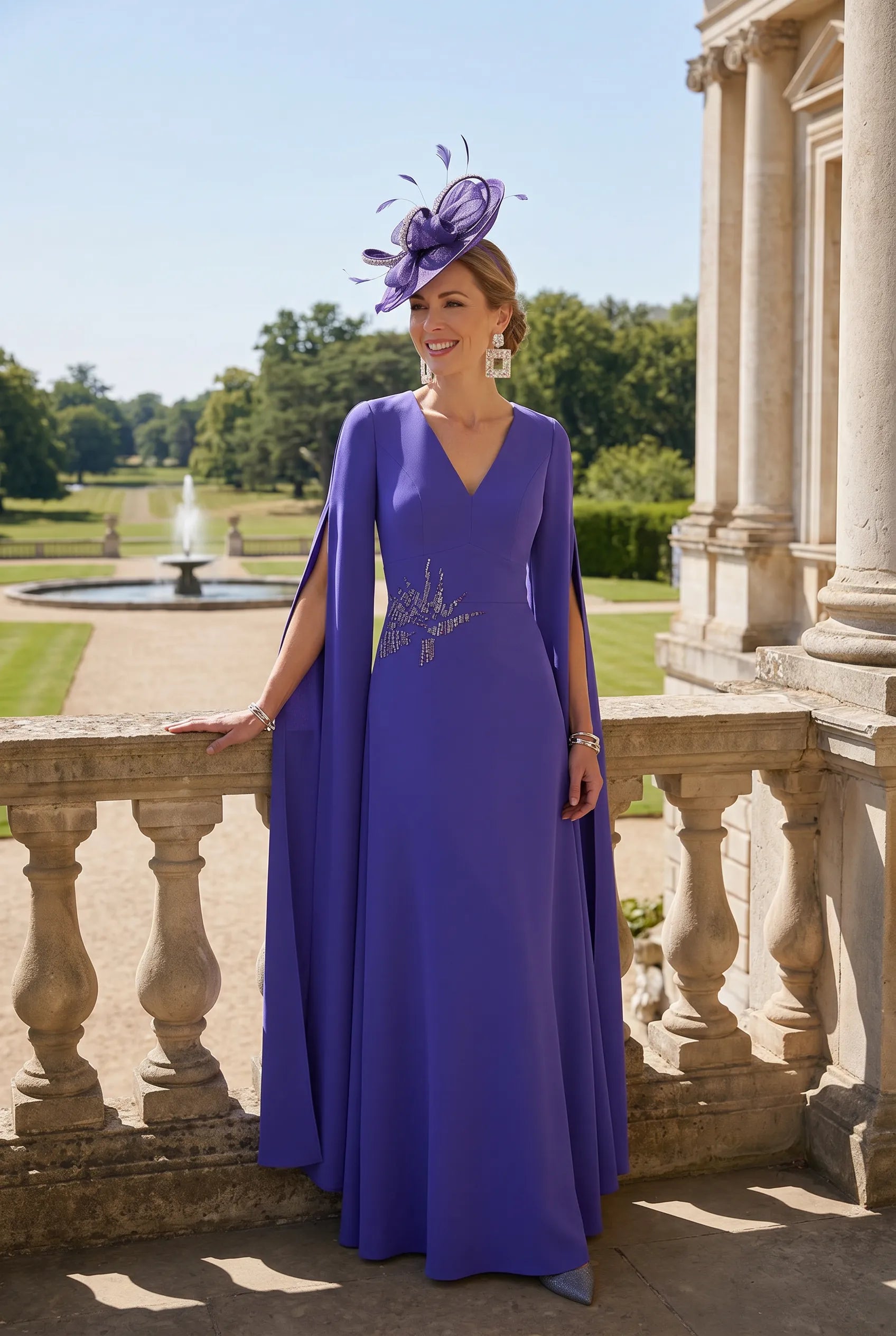 Woman in a purple mother of the bride gown with a matching purple fascinator hat standing outdoors near classical architecture.