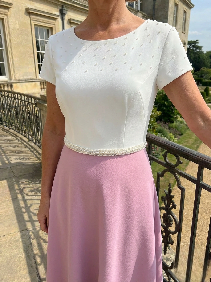 Close up view of the Richard Designs RDAD1159 pink mother of the bride Aâ€‘line dress with matching pink fascinator