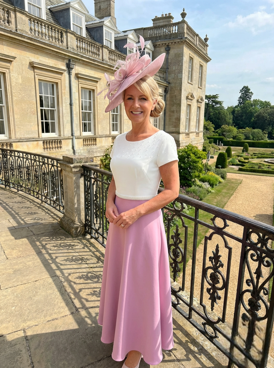 angled  view of the Richard Designs RDAD1159 pink mother of the bride Aâ€‘line dress with matching pink fascinator