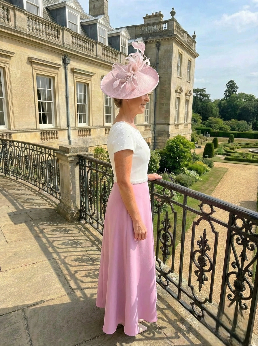 side view of the Richard Designs RDAD1159 pink mother of the bride Aâ€‘line dress with matching pink fascinator