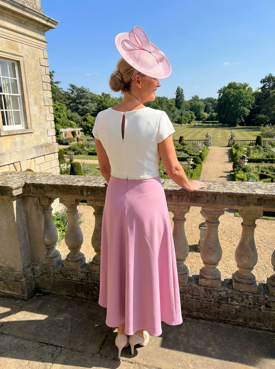 back view of the Richard Designs RDAD1159 pink mother of the bride Aâ€‘line dress with matching pink fascinator