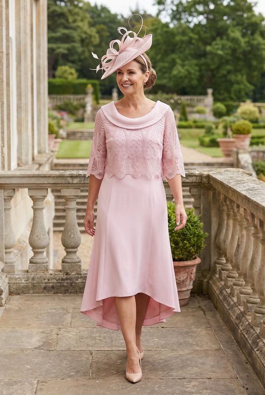 Intricate lace overlay and three-quarter sleeves on the Rosewater Pink Lizabella 7245 outfit