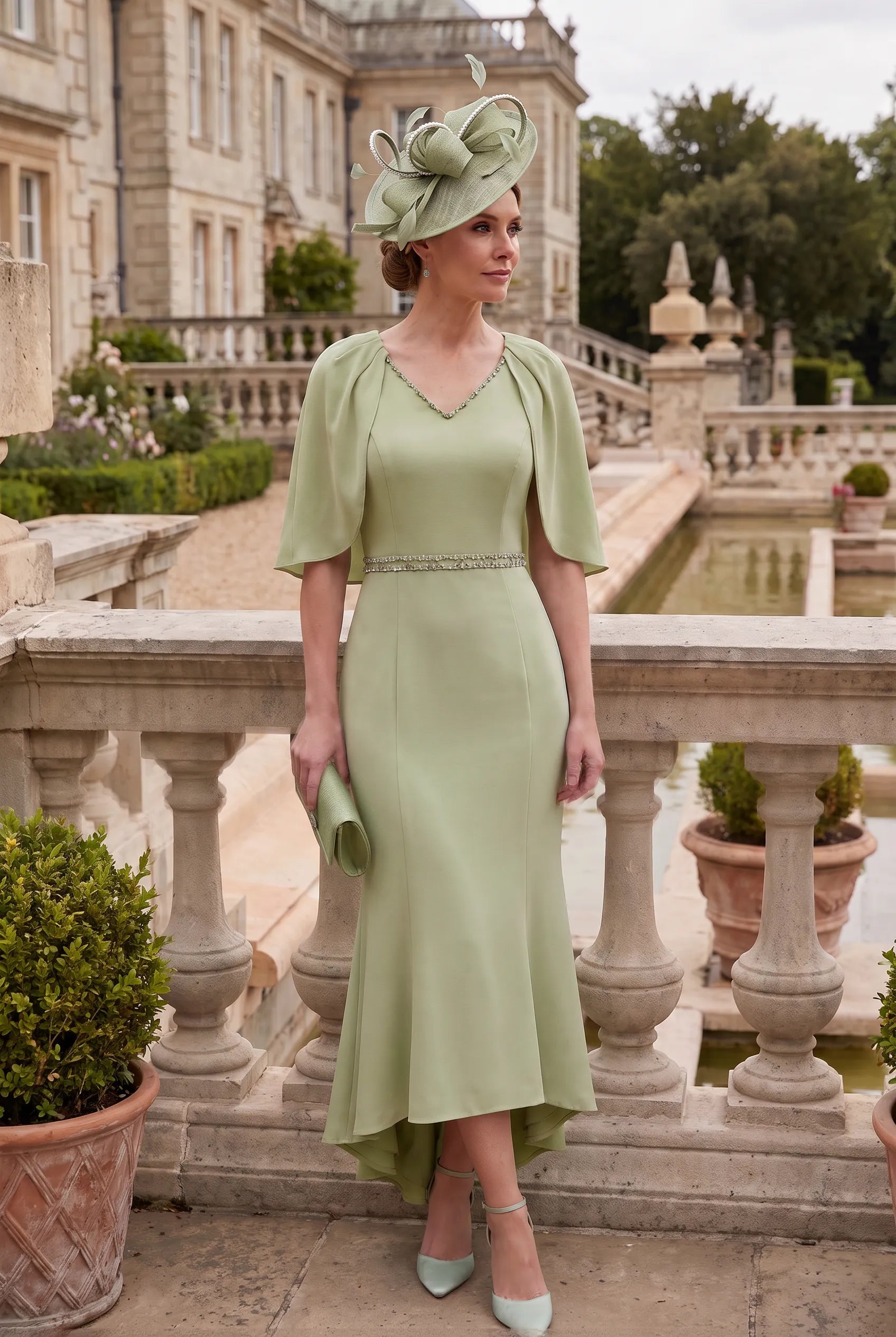 Sage Green Mother of the Bride Dress by Couture Club 7G178 featuring an elegant cape, crystal neckline and fishtail skirt.