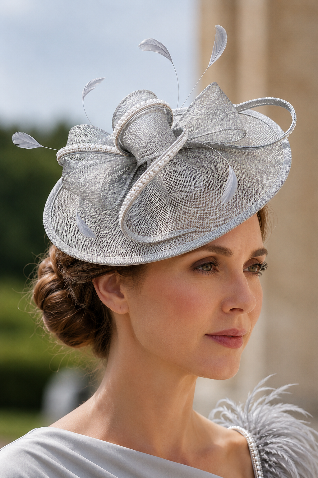 Woman wearing a embellished silver fascinator hat with feathers, sparkly rhinestones and pearls outdoors