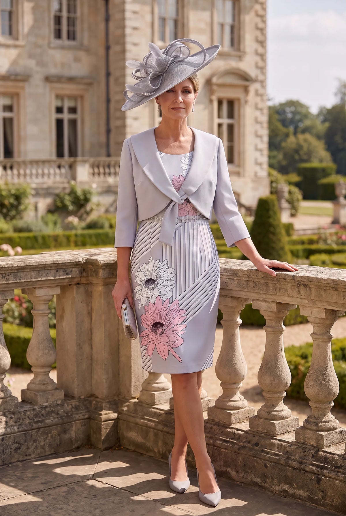 Silver Lizabella 1195 Mother of the Bride dress and matching jacket with pink floral print, modelled at a stately home