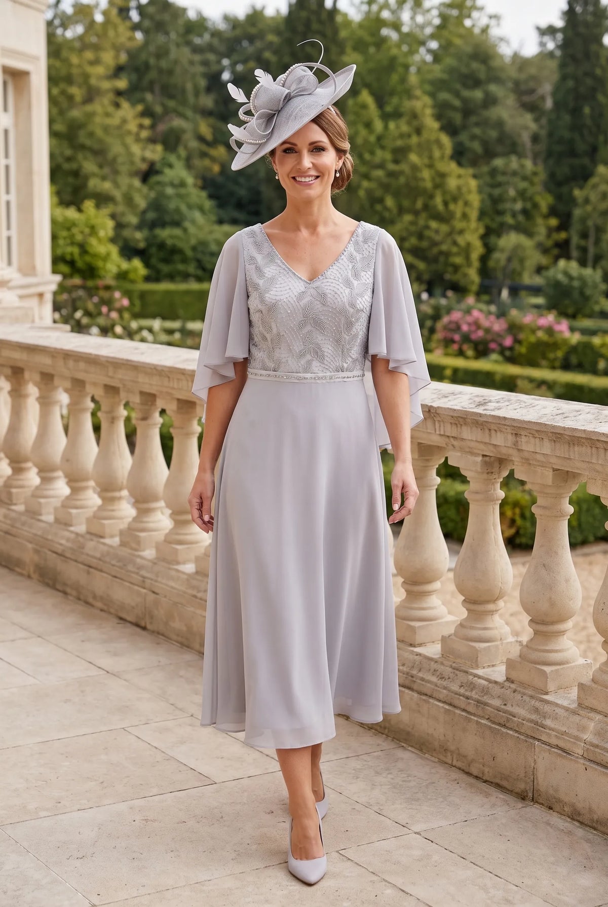 Full-length view of the silver Lizabella 2344 Mother of the Bride dress with matching fascinator, modelled at an elegant stately home.