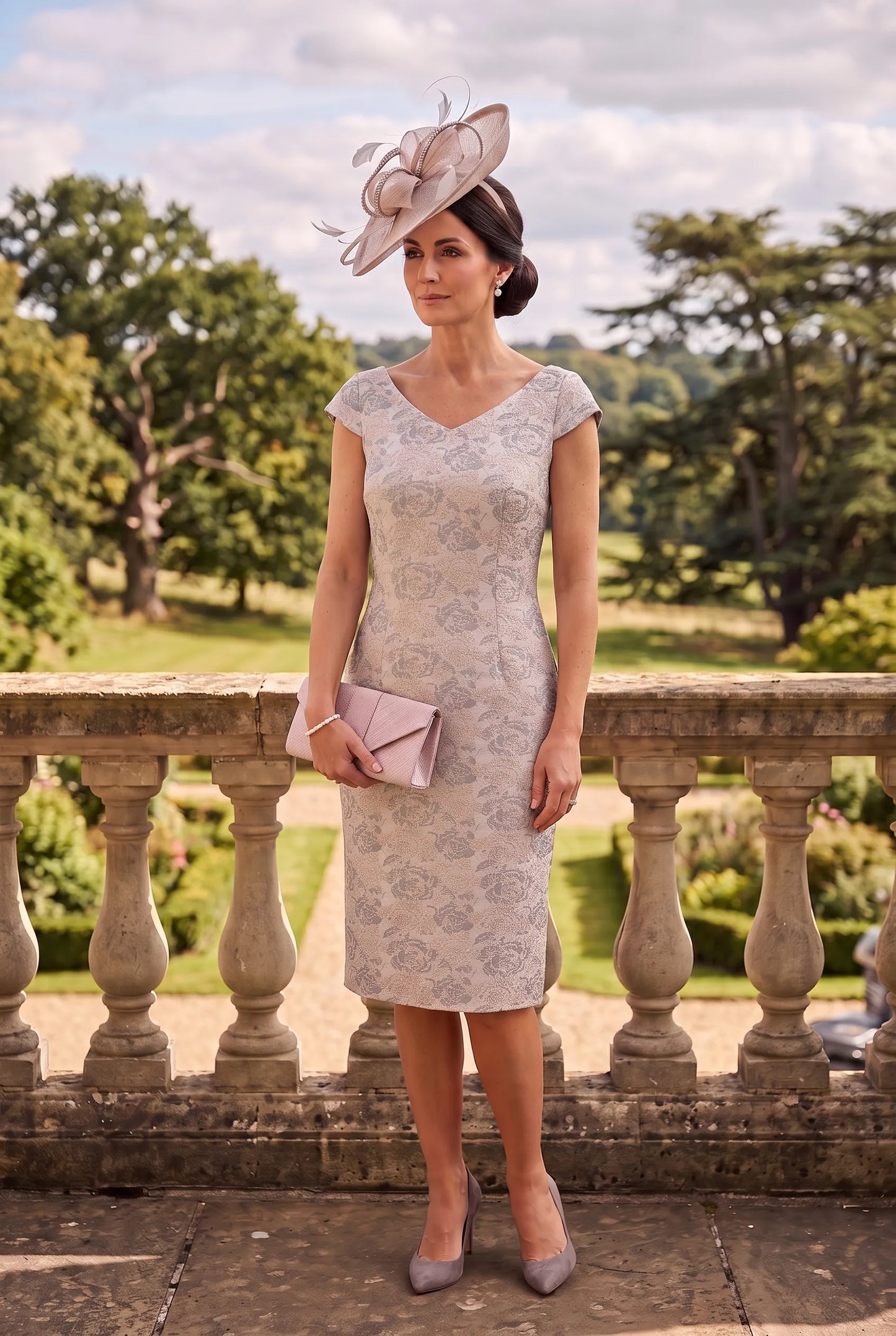 Silver Mother of the Bride Dress Lizabella 7242 worn without the jacket showing the V-neckline.