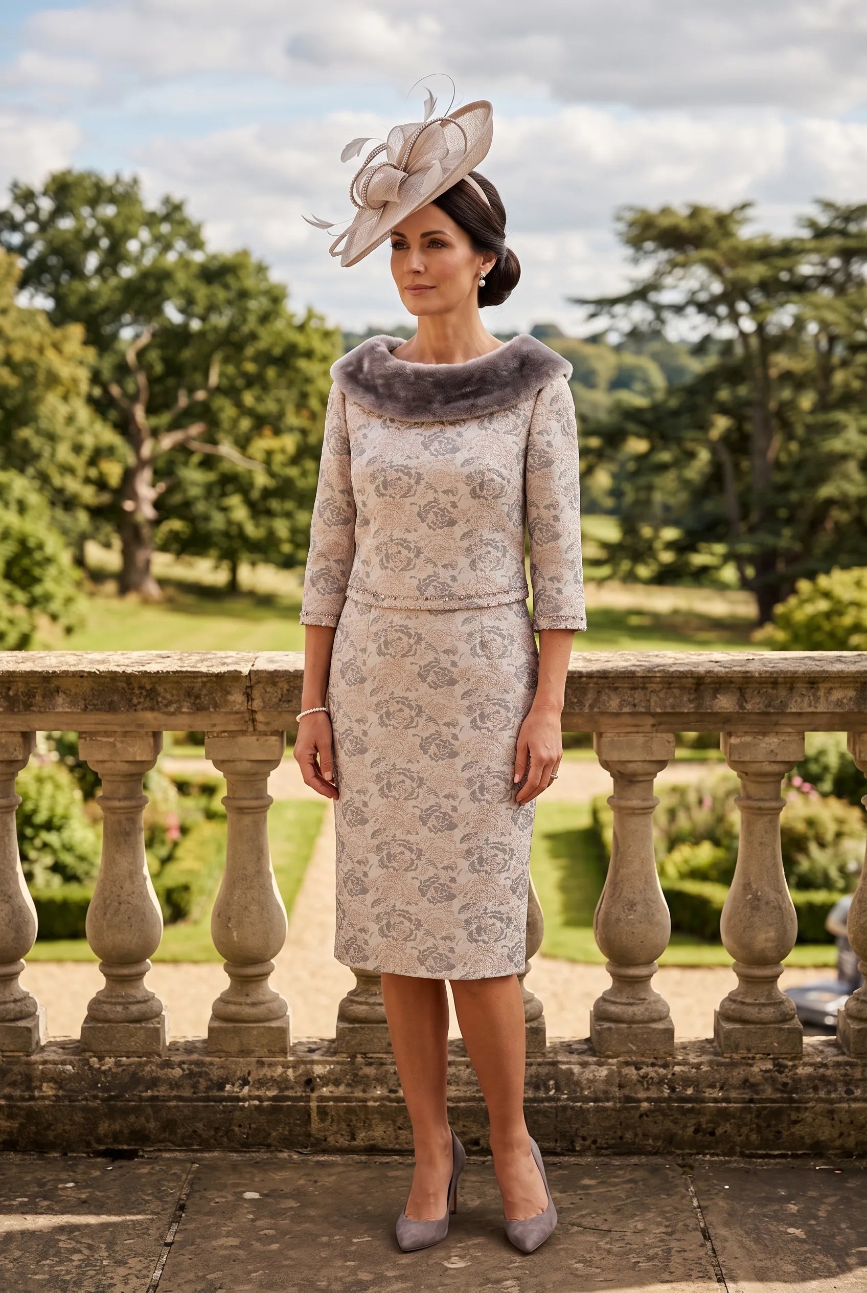 Silver Mother of the Bride Dress Lizabella 7242 with matching jacket and faux fur collar.