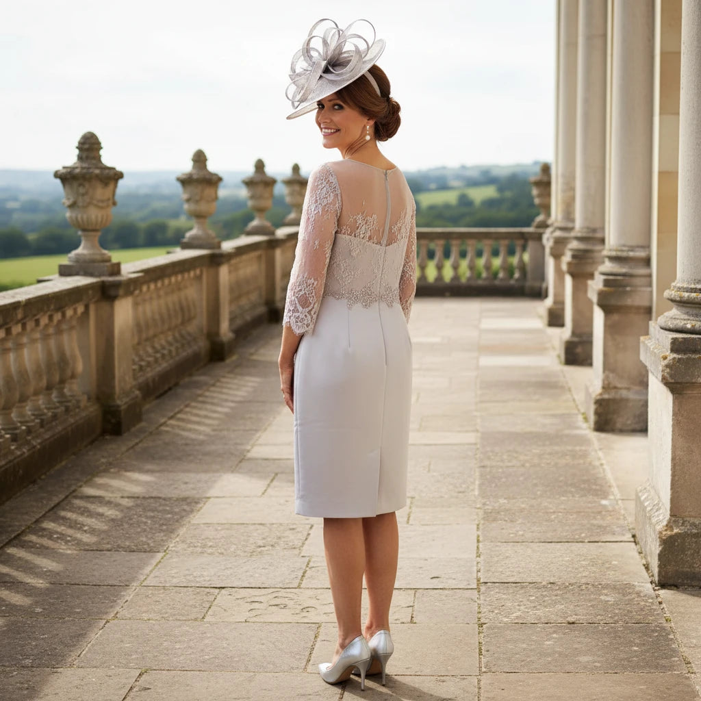 Back view of silver Mascara MC991101 dress with concealed zip and knee-length silhouette.