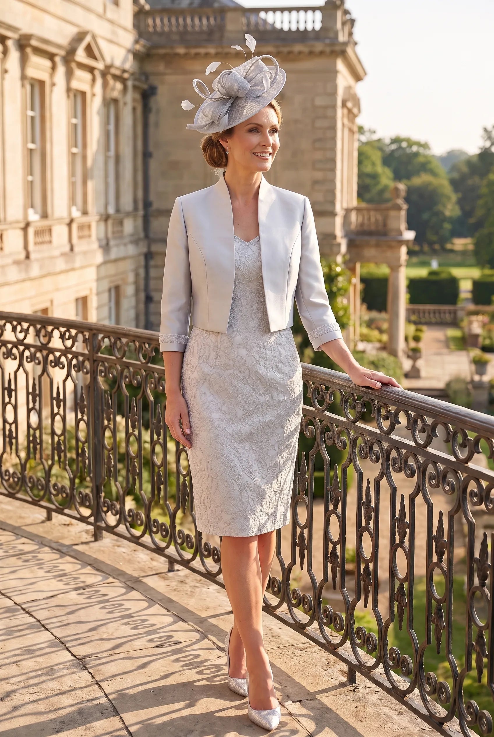 Silver Mother of the Bride dress and jacket by John Charles 26438B with embossed floral fabric and matching fascinator