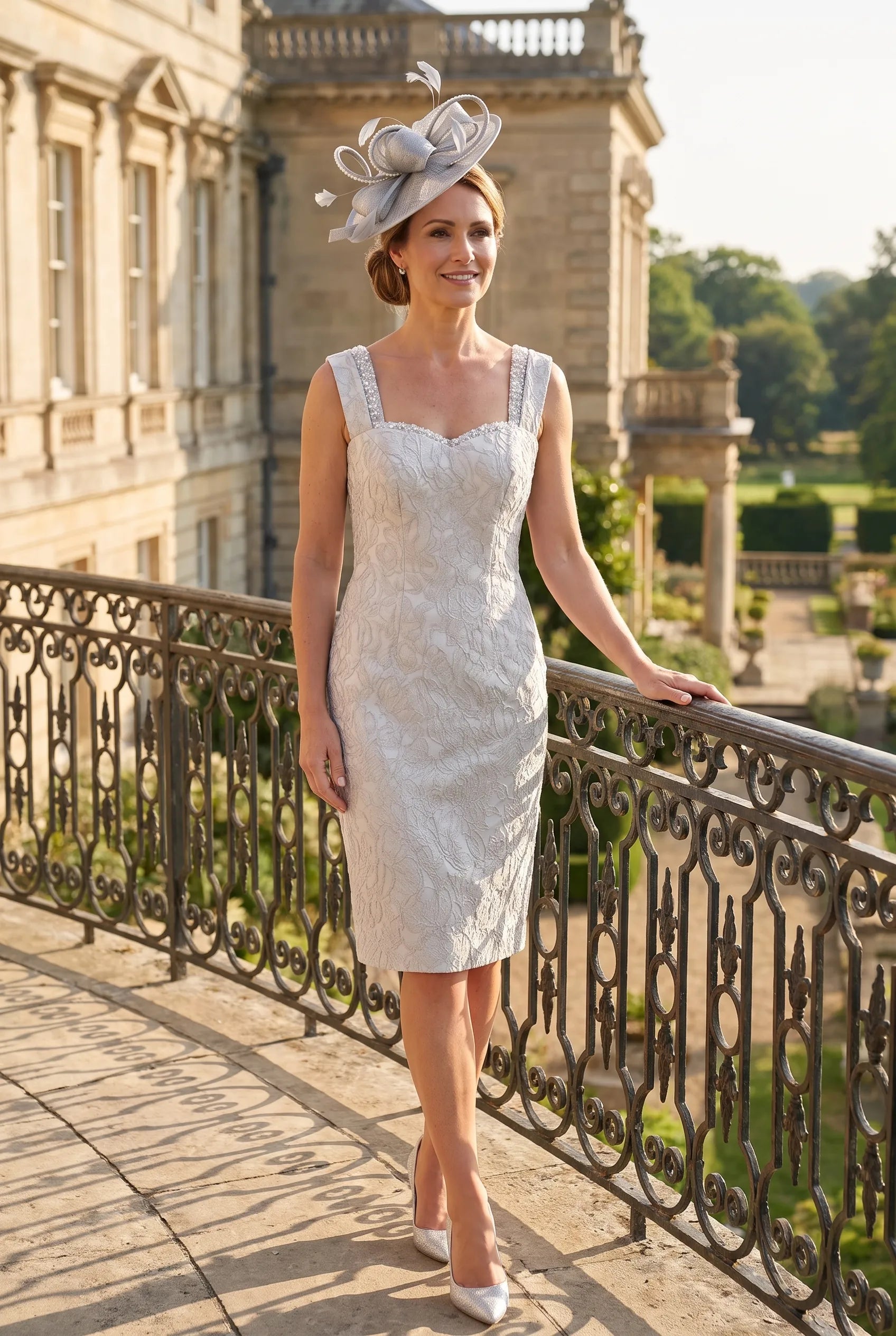 Silver Mother of the Bride dress by John Charles 26438B with sweetheart neckline and embossed floral fabric
