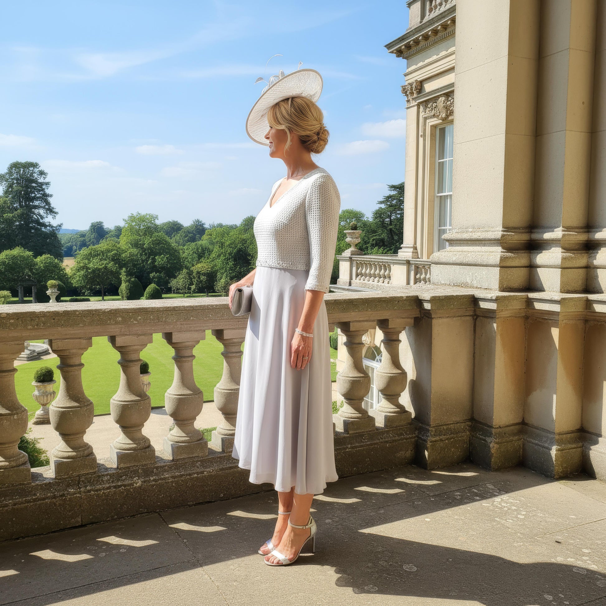 Side view of a Silver Mother of the Bride Dress Lizabella 2350 with textured bodice, detachable flower and chiffon skirt