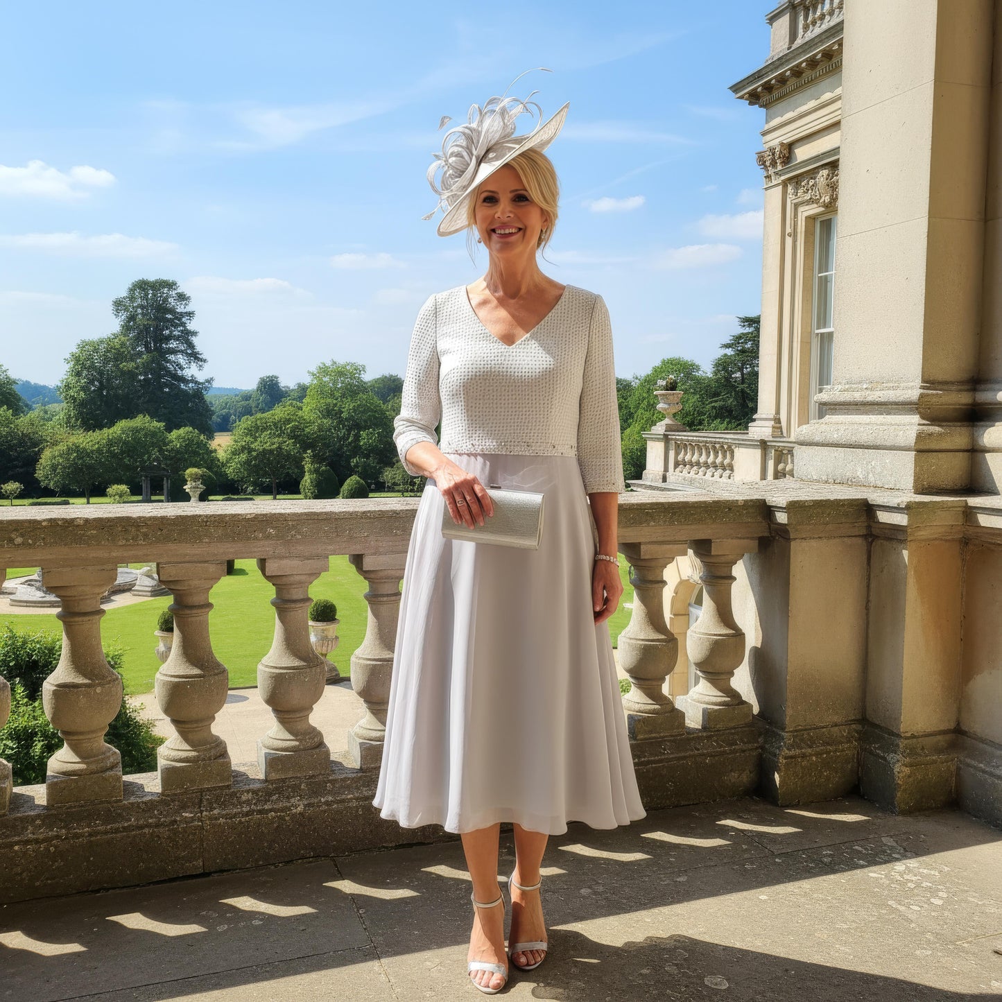 Silver Mother of the Bride Dress Lizabella 2350 with textured bodice, detachable flower and chiffon skirt