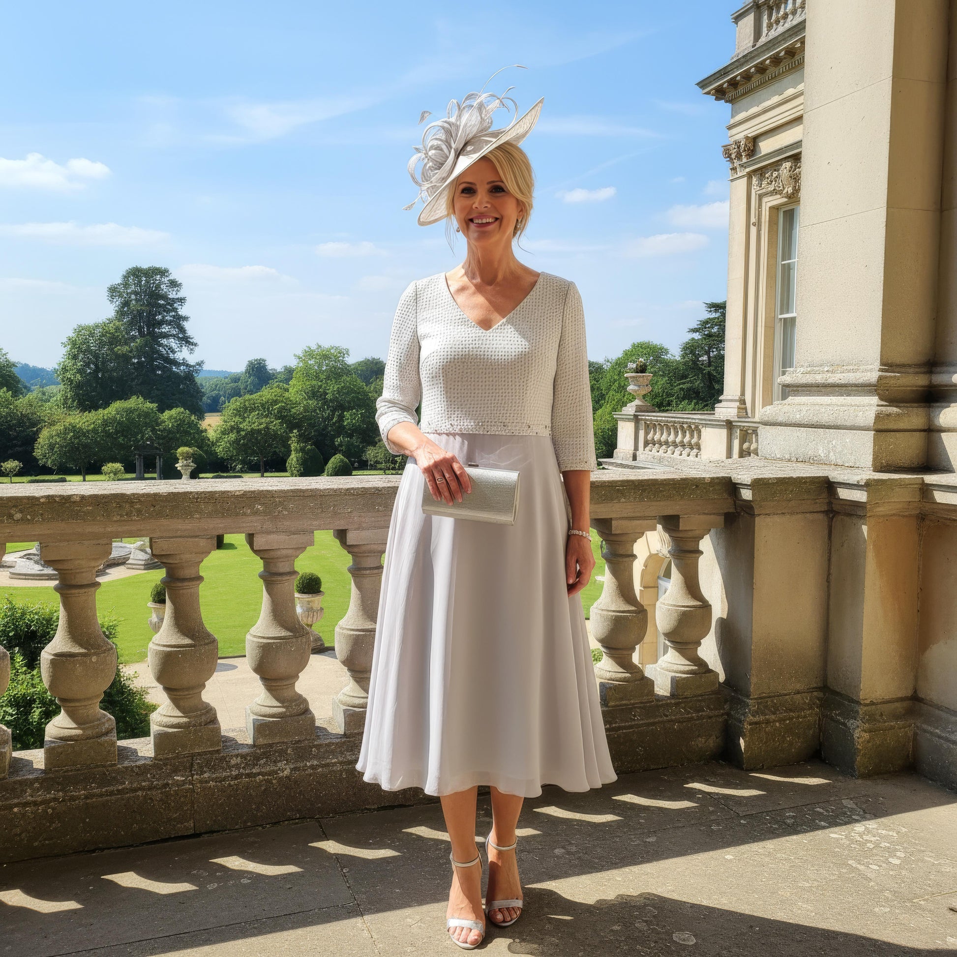 Silver Mother of the Bride Dress Lizabella 2350 with textured bodice, detachable flower and chiffon skirt