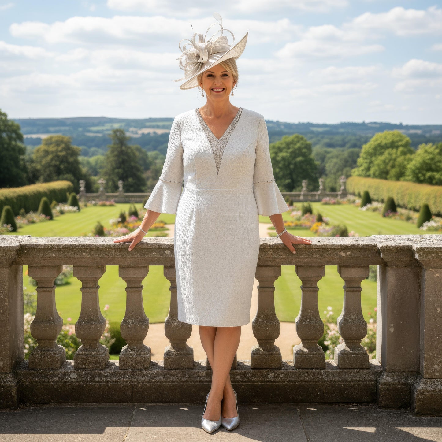 Silver Mother of the Bride Dress Lizabella 2351 with diamanté V-neckline, pearl detailing and three-quarter sleeves