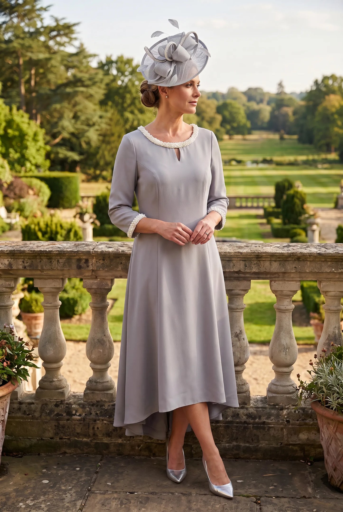 Silver Mother of the Bride dress by Lizabella 2583 with pearl trim neckline and dipped hem