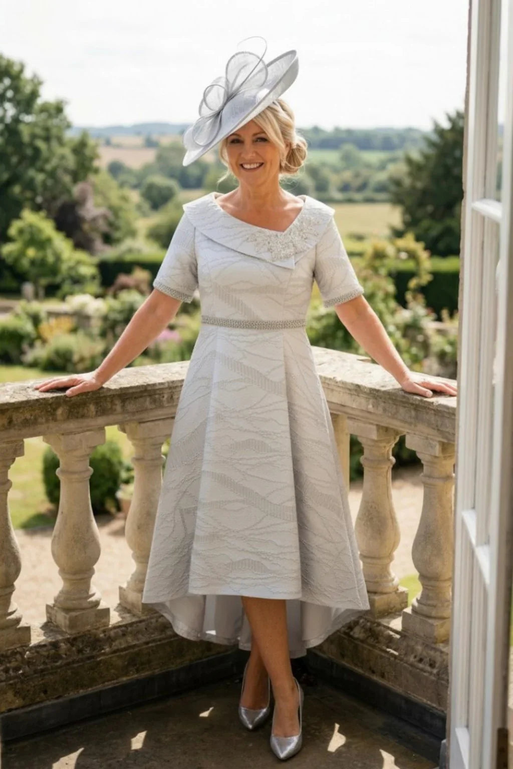 Silver Mother of the Bride Dress Lizabella 2984 with embellished asymmetric neckline and A-line skirt