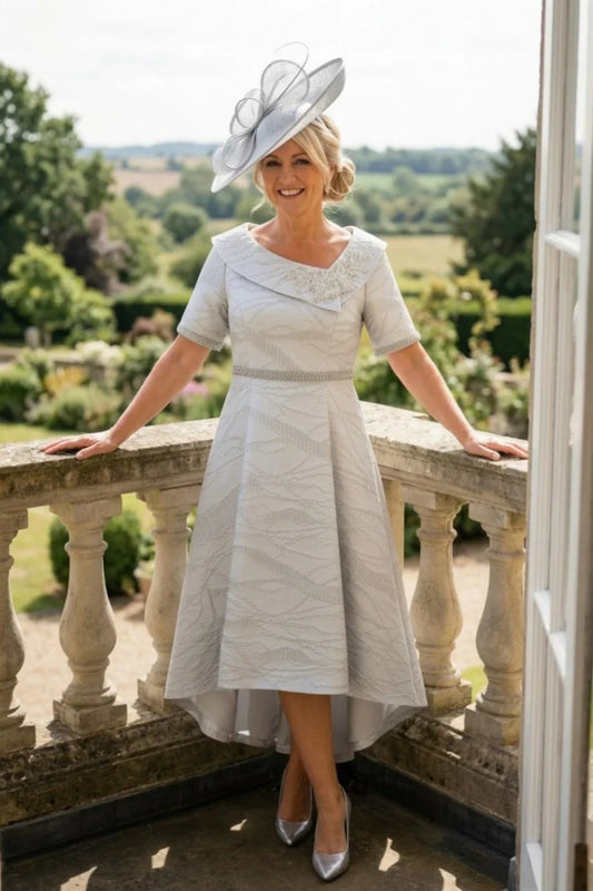 Silver Mother of the Bride Dress Lizabella 2984 with embellished asymmetric neckline and A-line skirt
