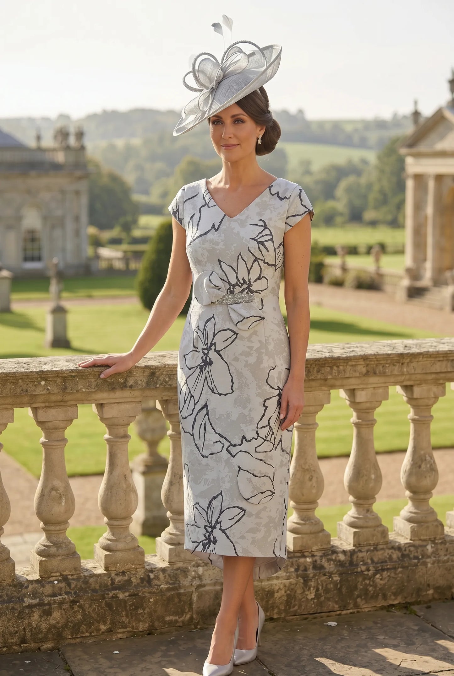 A woman stands on a stone terrace wearing a Lizabella 7076 silver Mother of the Bride dress with metallic floral detailing pearl bow and elegant fitted dress.