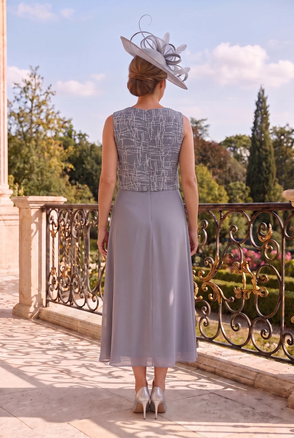 Back view of the slate blue grey Lizabella 7226 Mother of the Bride dress without the chiffon overlay.