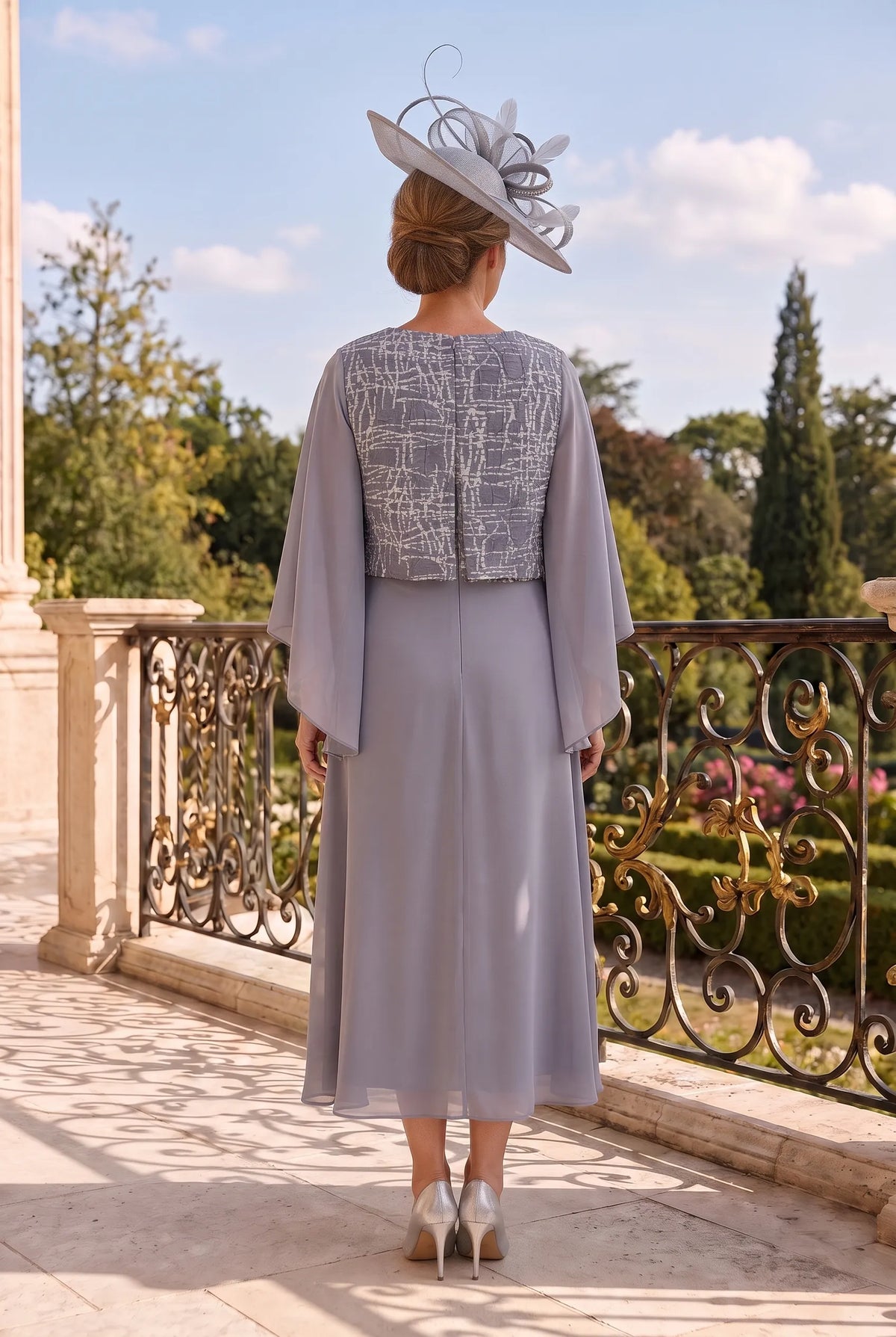 Back view of the slate blue grey Lizabella 7226 Mother of the Bride dress with matching chiffon overlay.