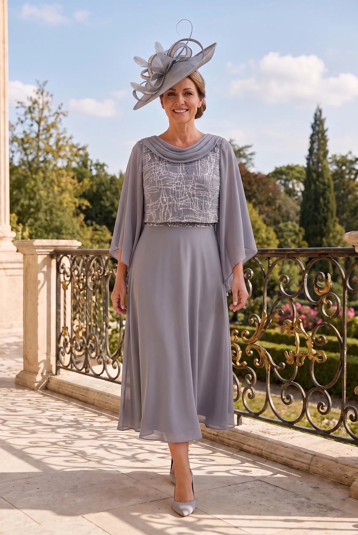 Slate blue grey Mother of the Bride dress by Lizabella 7226 with patterned bodice and flowing chiffon overlay sleeves.