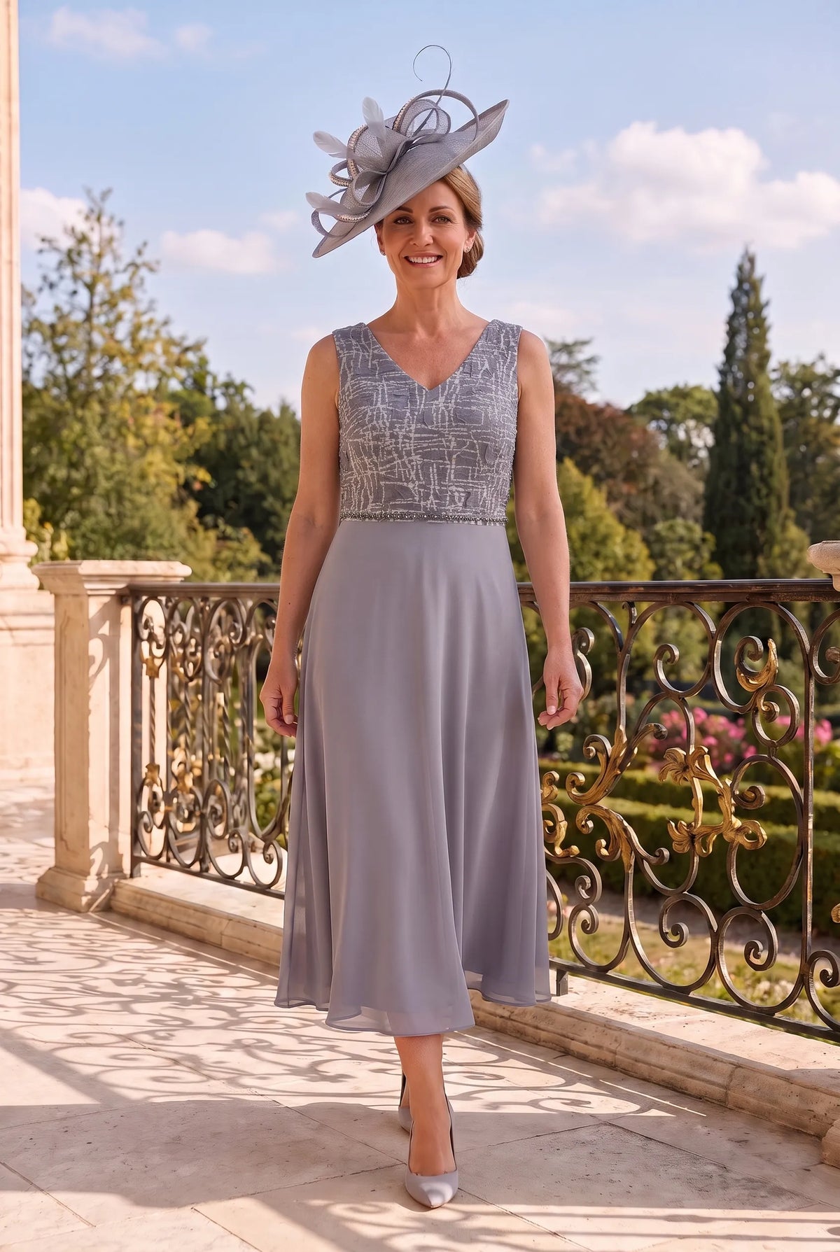 Front view of the slate blue grey Lizabella 7226 Mother of the Bride dress showing the sleeveless patterned bodice.
