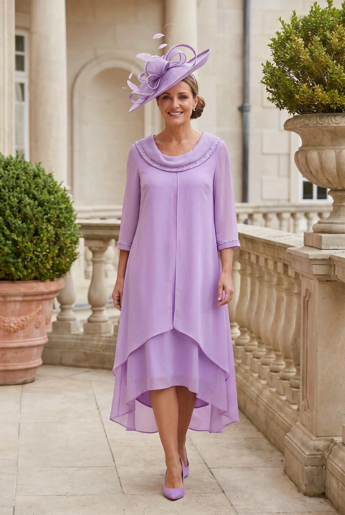 Soft Lilac Mother of the Bride dress by Lizabella 2979 with three-quarter chiffon sleeves and a high-low hem