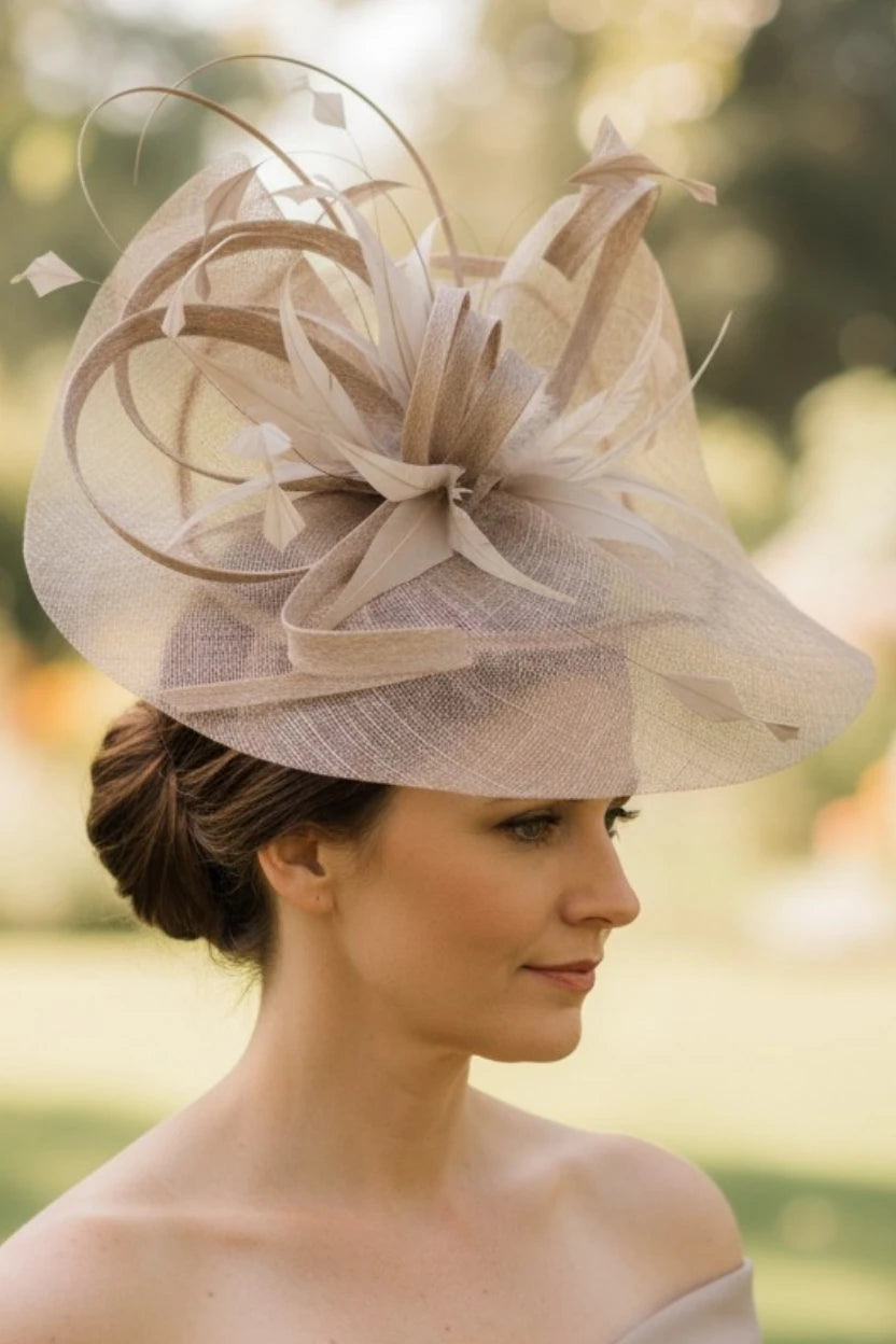 Woman wearing a beige taupe fascinator decorative statement hat with feathers outdoors