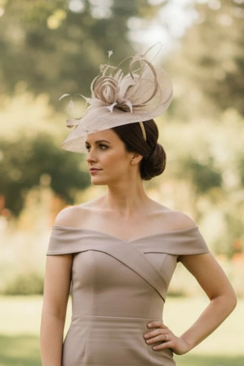 Woman wearing a beige off-shoulder dress and decorative taupe fascinator hat in an outdoor setting