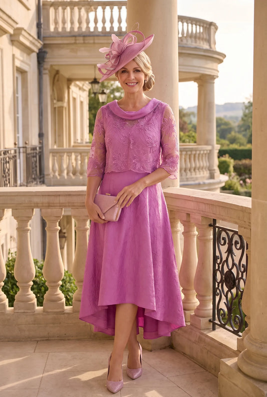 Tea Rose Pink Lizabella 7289 Mother of the Bride outfit featuring a cropped three-quarter-sleeve lace overlay and textured jacquard dress
