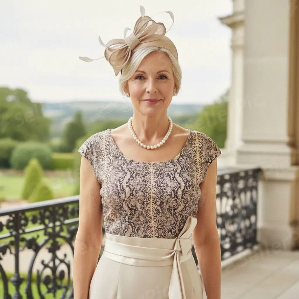 woman in a beige mother of the bride shift dress with snake print top, satin bow waist, and matching jacket. Ideal for Mother of the Bride.