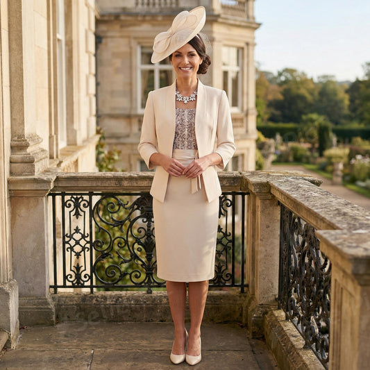 Woman in a beige mother of the bride outfit standing on a balcony with a classical building and garden in the background