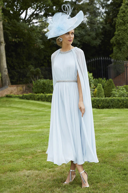 Sophisticated Veni Infantino mother of the bride dress with zip closure, lined for comfort, finished with embellished detail. Versatile with a removable cape.