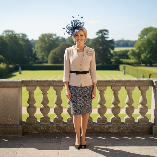 Woman in formal Condici Navy and cream dress and jacket with matching navy disc fascinator standing on a balcony with a scenic background. Signature Dress.