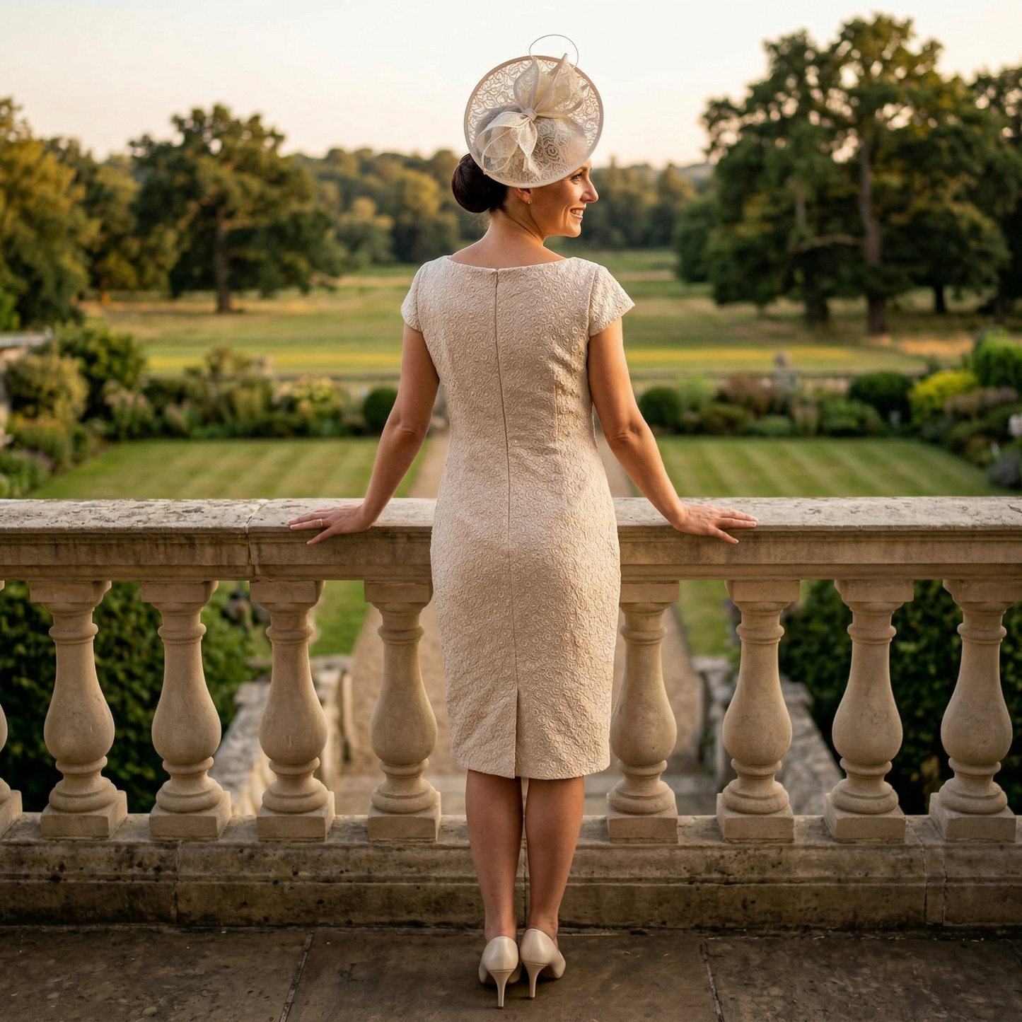Back view of champagne Veromia DU413K outfit showing chiffon jacket and soft movement.