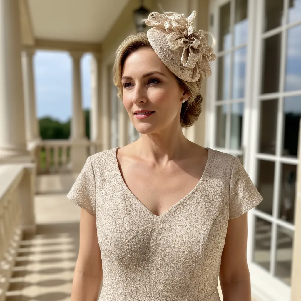 Close-up of champagne textured fabric and sweetheart neckline on Veromia DU413K dress.
