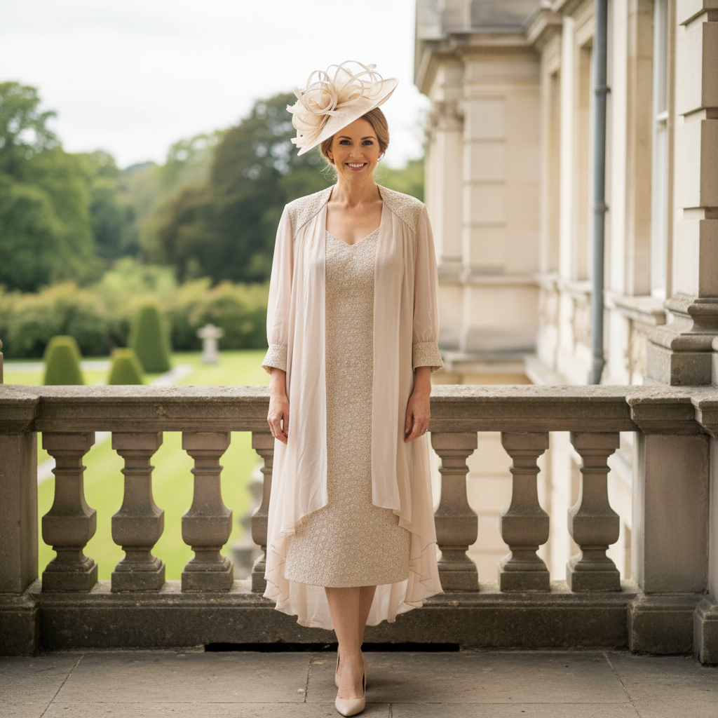 Champagne Veromia DU413K Mother of the Bride dress with textured fabric and sweetheart neckline.