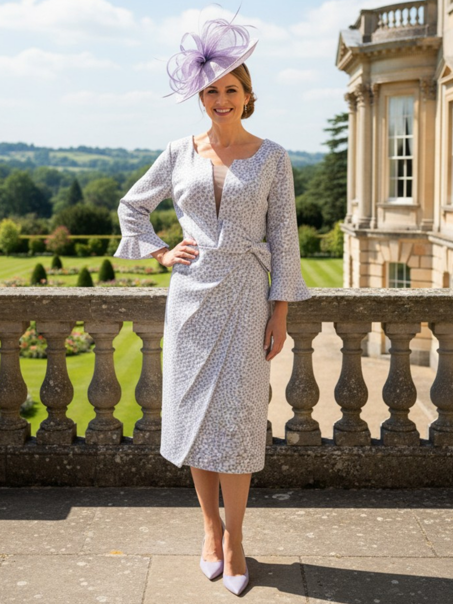 Lilac Veromia DU458 Mother of the Bride dress with sweetheart neckline and fluted sleeves.