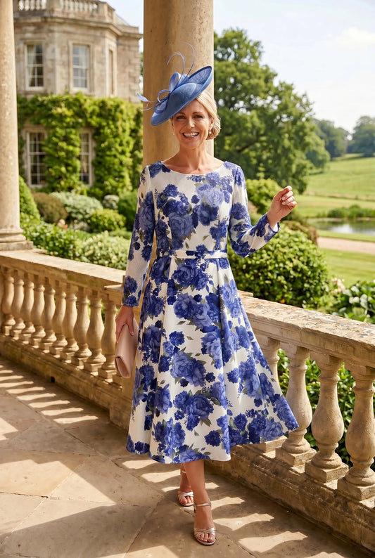 Woman in a blue and white floral mother of the bride dress standing on a stone balcony with a garden and building in the background.