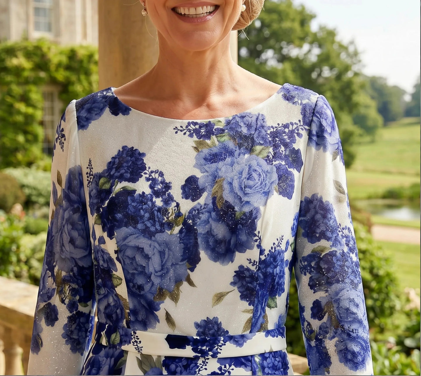 Woman wearing a blue floral dress in an outdoor setting