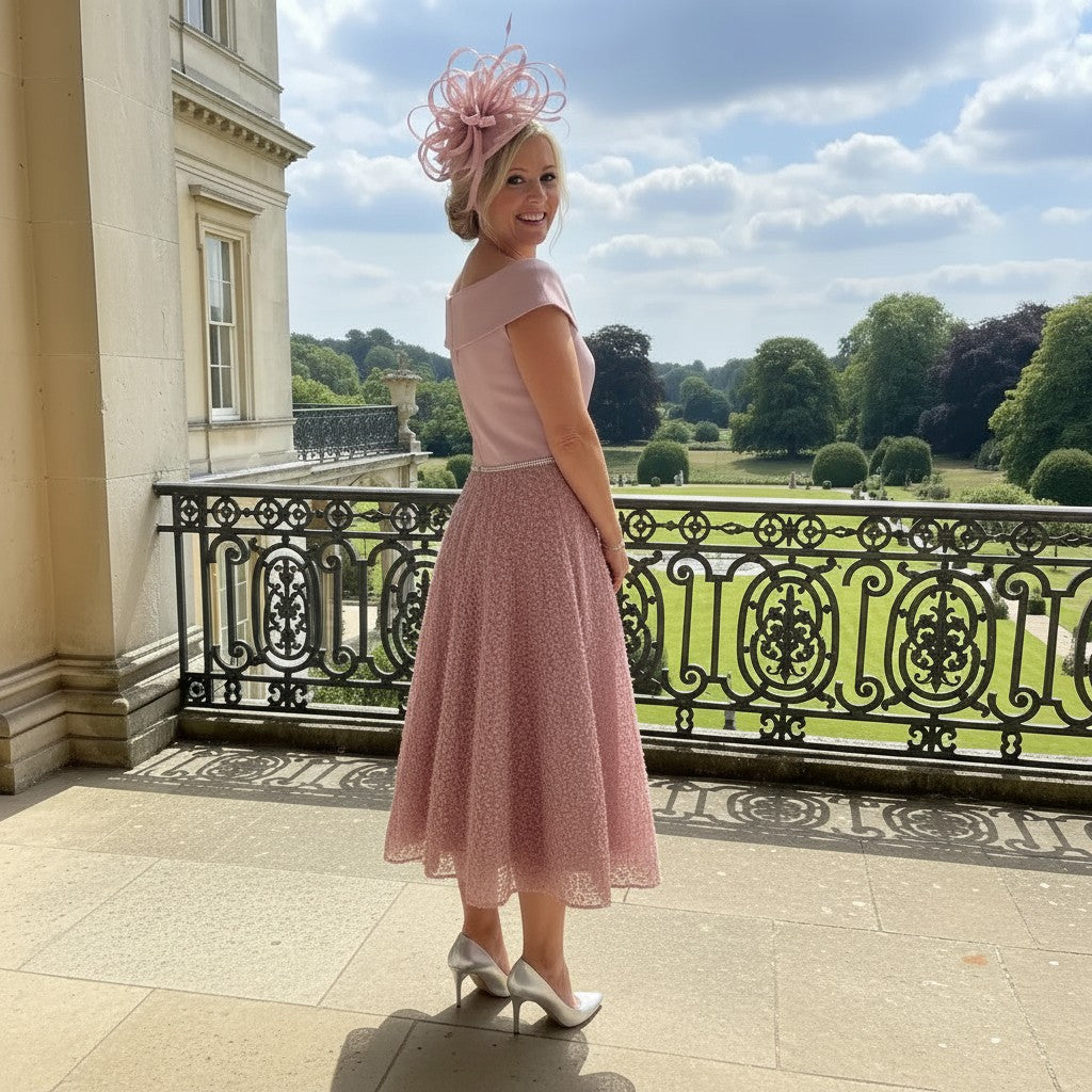 Back view of soft pink Veromia Occasions VO6534 Bardot dress showing textured petal skirt and A‑line silhouette.