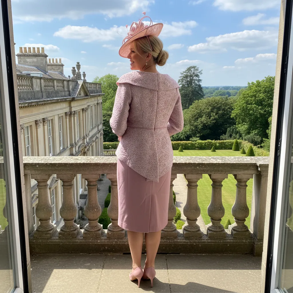 Back view of rose pink Veromia VO7705 dress with concealed zip and midi-length skirt.