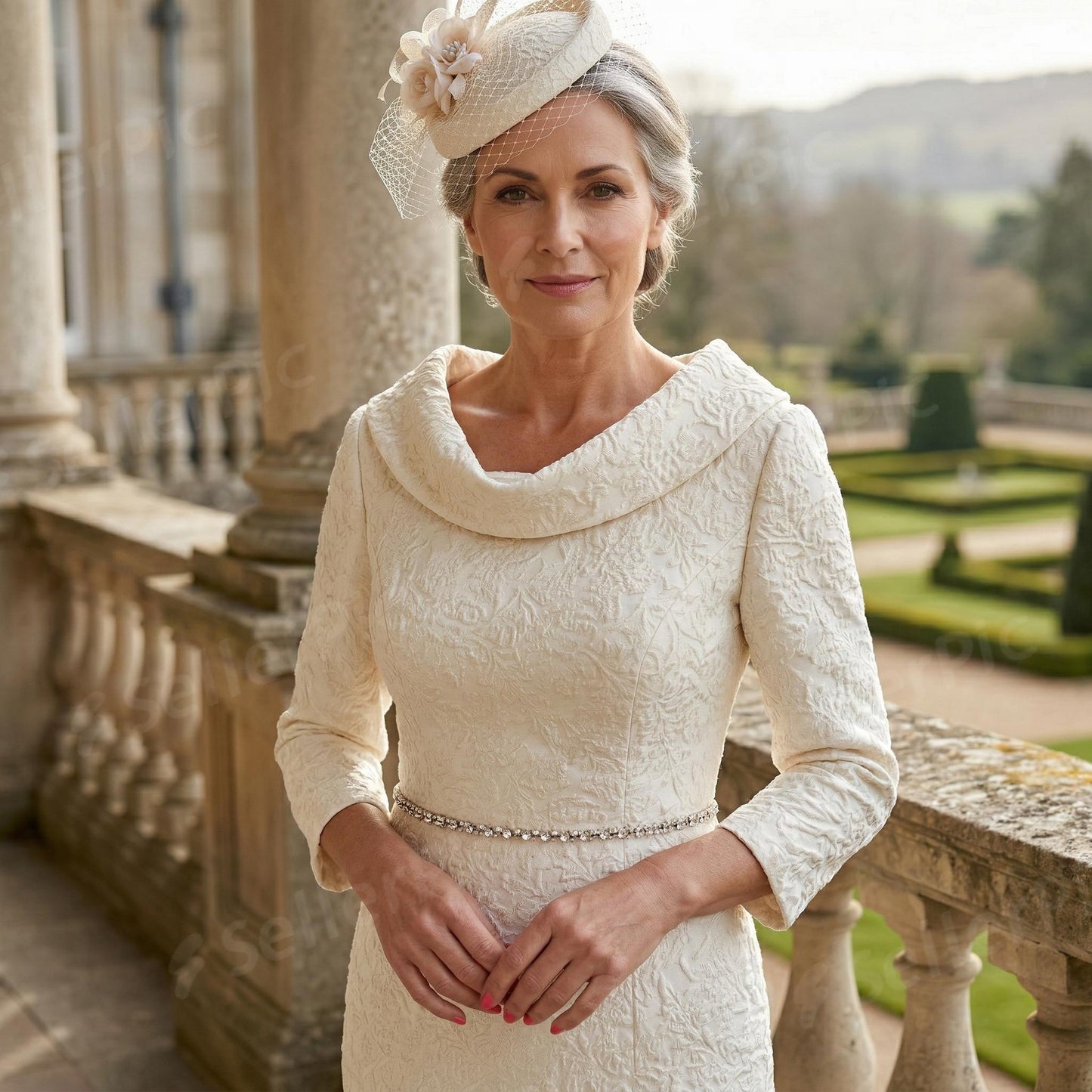 Woman in a champagne beige mother of the bride  dress with a decorative beige fascinator hat standing outdoors.