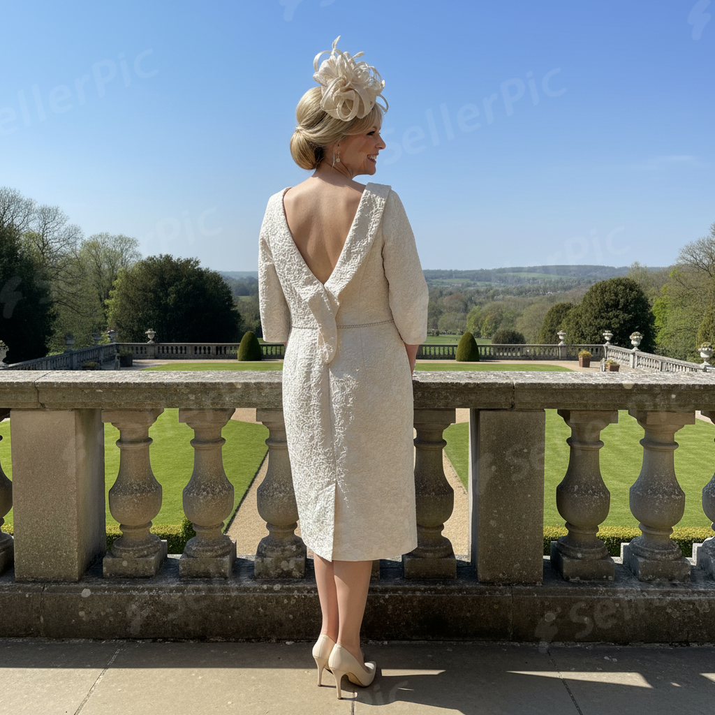 Woman in achampagne beige mother of the bride  dress with a decorative beige fascinator standing on a stone balcony overlooking a garden.