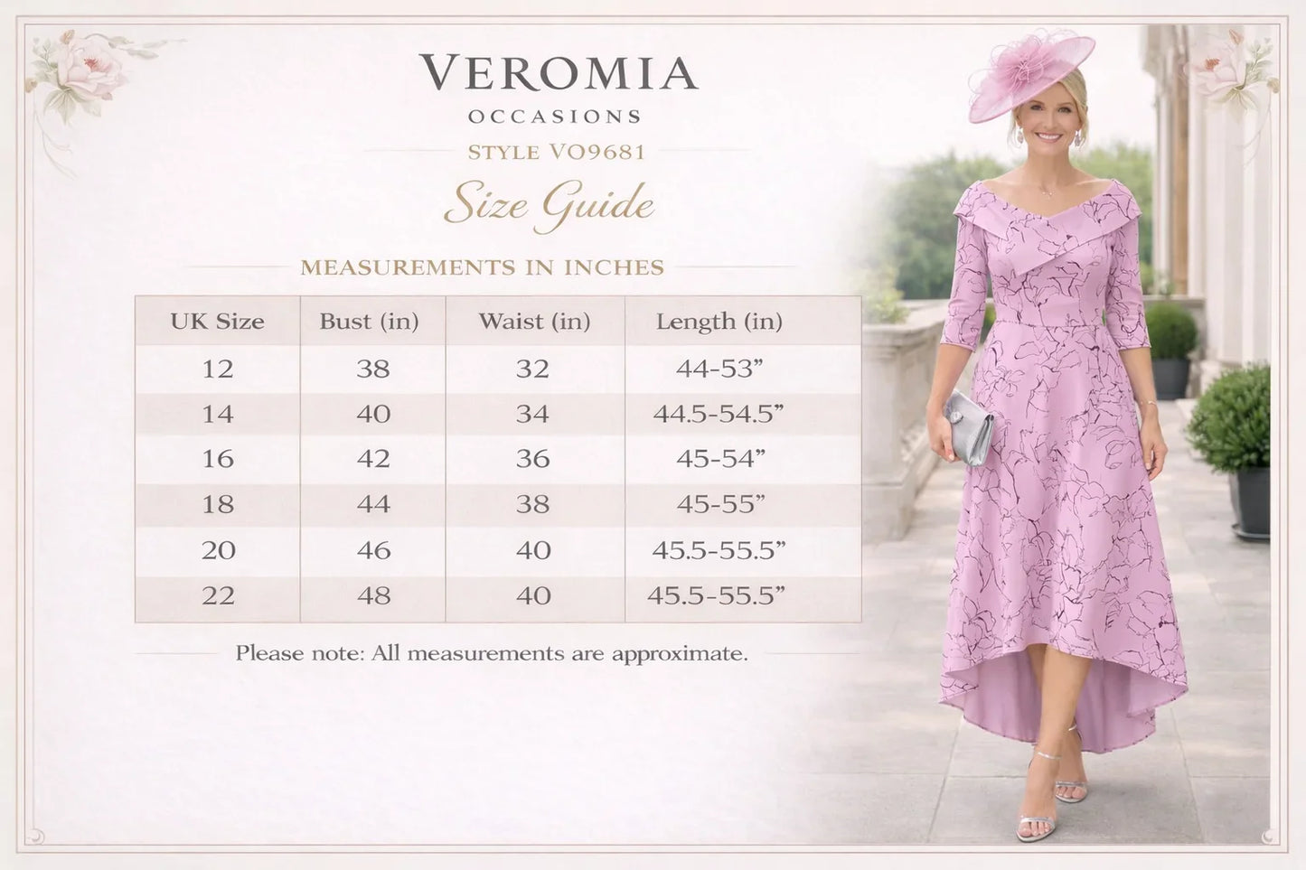 Veromia Occasions dress size guide with a model wearing a pink dress.